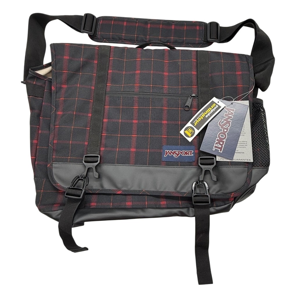 JanSport Throttle Messenger Bag Red Riff Bomber Plaid 15in Laptop Travel TZV09KU